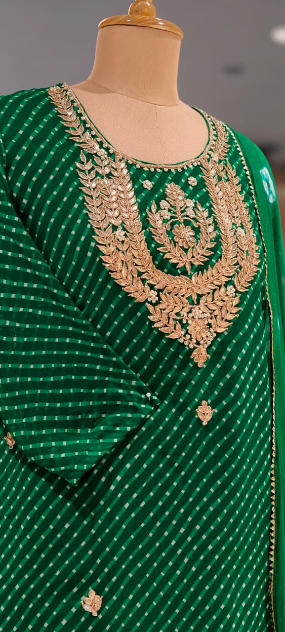 Gotta Leafy Embroidered Festive Leheriya Loose Palazzo Full Suit Set With Dupatta In Georgette Fabric- 15710