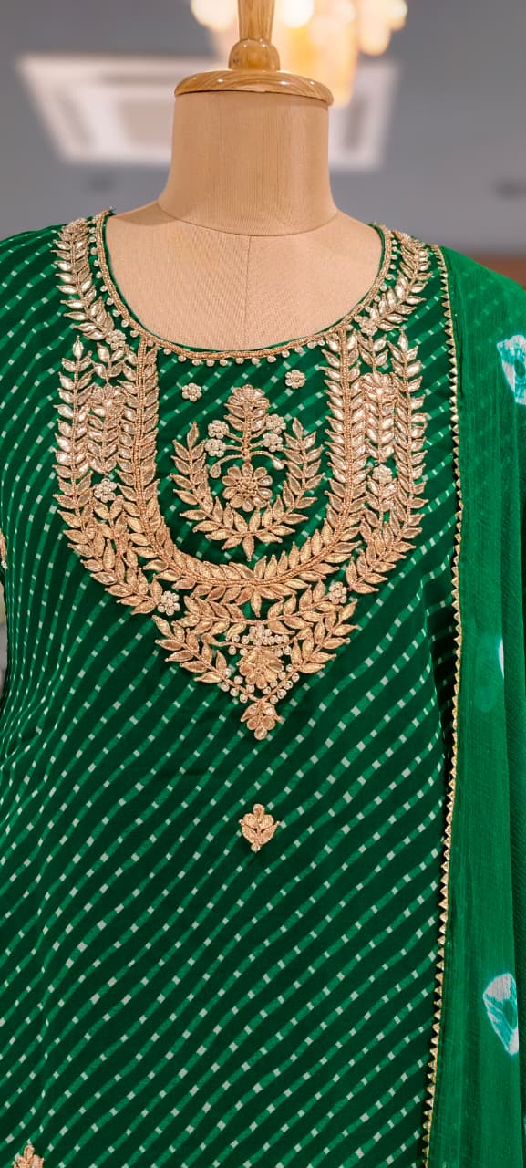 Gotta Leafy Embroidered Festive Leheriya Loose Palazzo Full Suit Set With Dupatta In Georgette Fabric- 15710