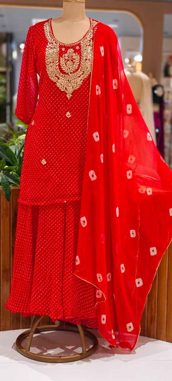 Gotta Leafy Embroidered Festive Leheriya Loose Palazzo Full Suit Set With Dupatta In Georgette Fabric- 15710