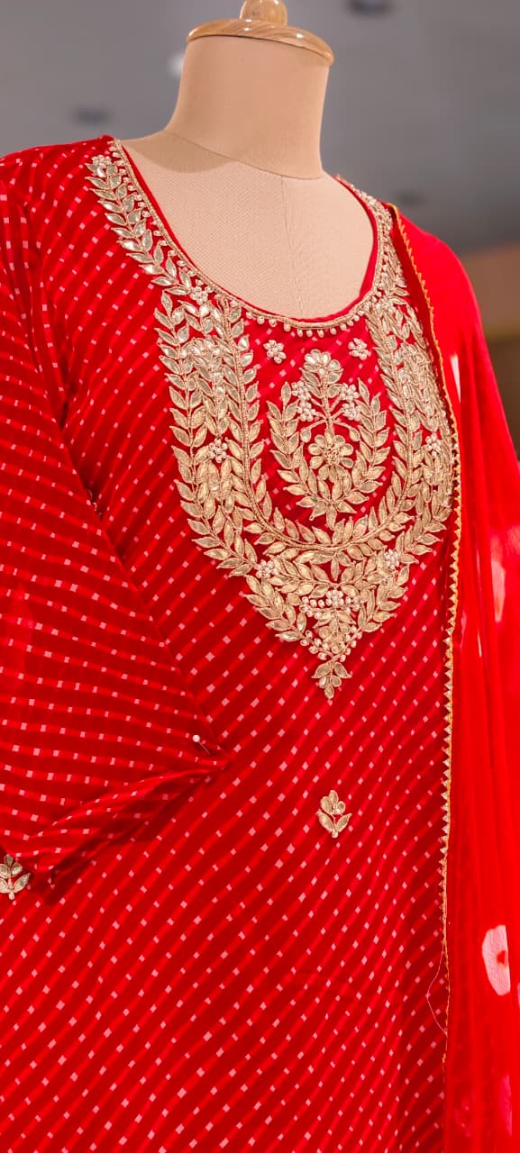 Gotta Leafy Embroidered Festive Leheriya Loose Palazzo Full Suit Set With Dupatta In Georgette Fabric- 15710