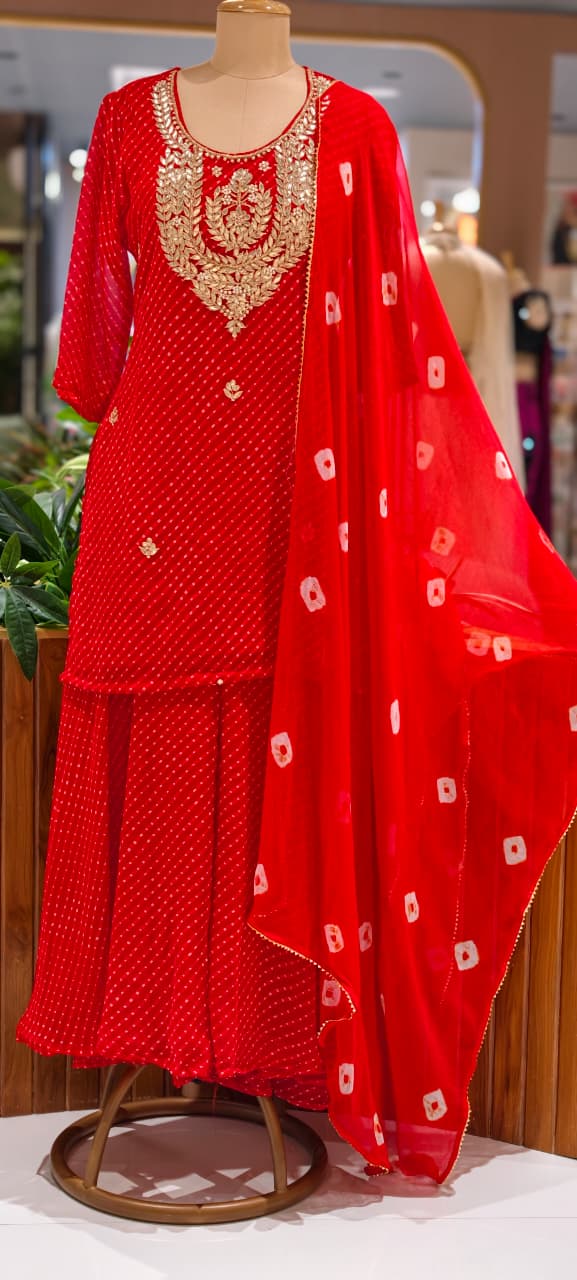 Gotta Leafy Embroidered Festive Leheriya Loose Palazzo Full Suit Set With Dupatta In Georgette Fabric- 15710