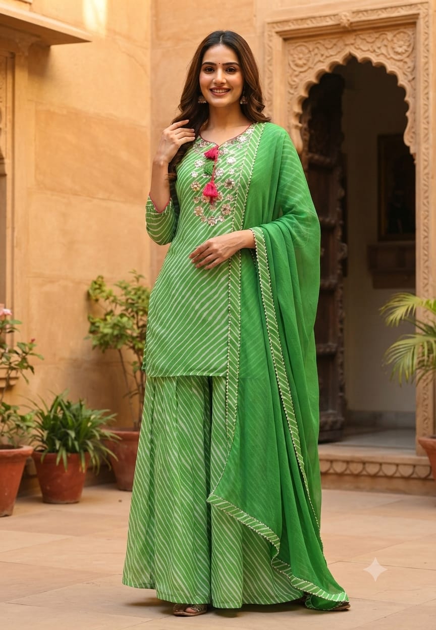 Bright Leheriya Printed Elegant Zari Foil Mirror Embroidery Tassel Detailing Palazzo Full Suit Set With Dupatta In Georgette Fabric- 15711