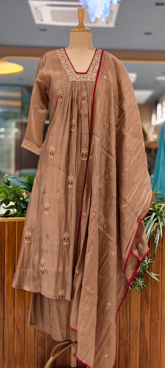 Fine Zari Embroidered Neckline Scattered Floral Pleated A-Line Surat Mul-Chanderi Full Suit Set With Dupatta- 15805