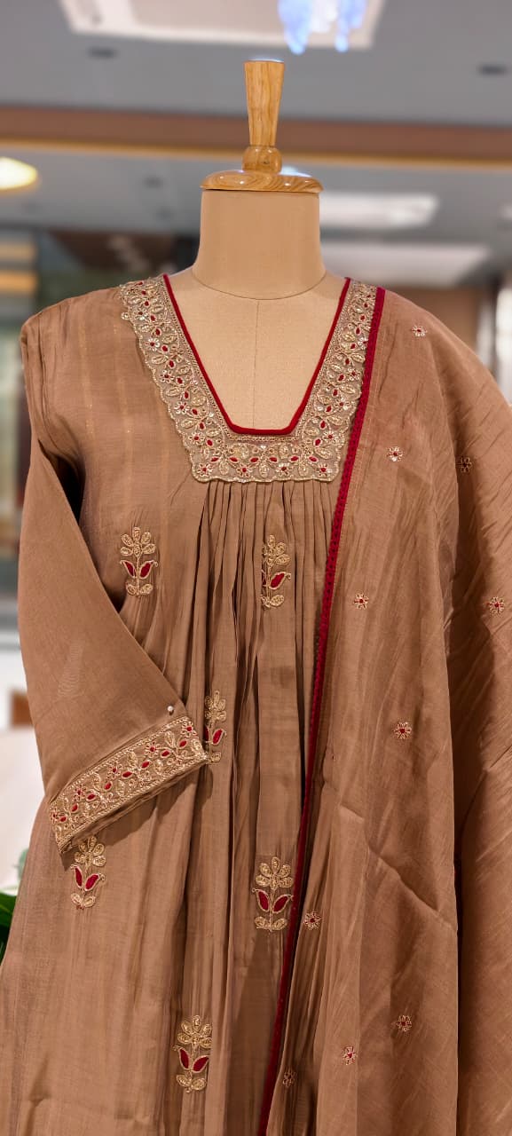 Fine Zari Embroidered Neckline Scattered Floral Pleated A-Line Surat Mul-Chanderi Full Suit Set With Dupatta- 15805