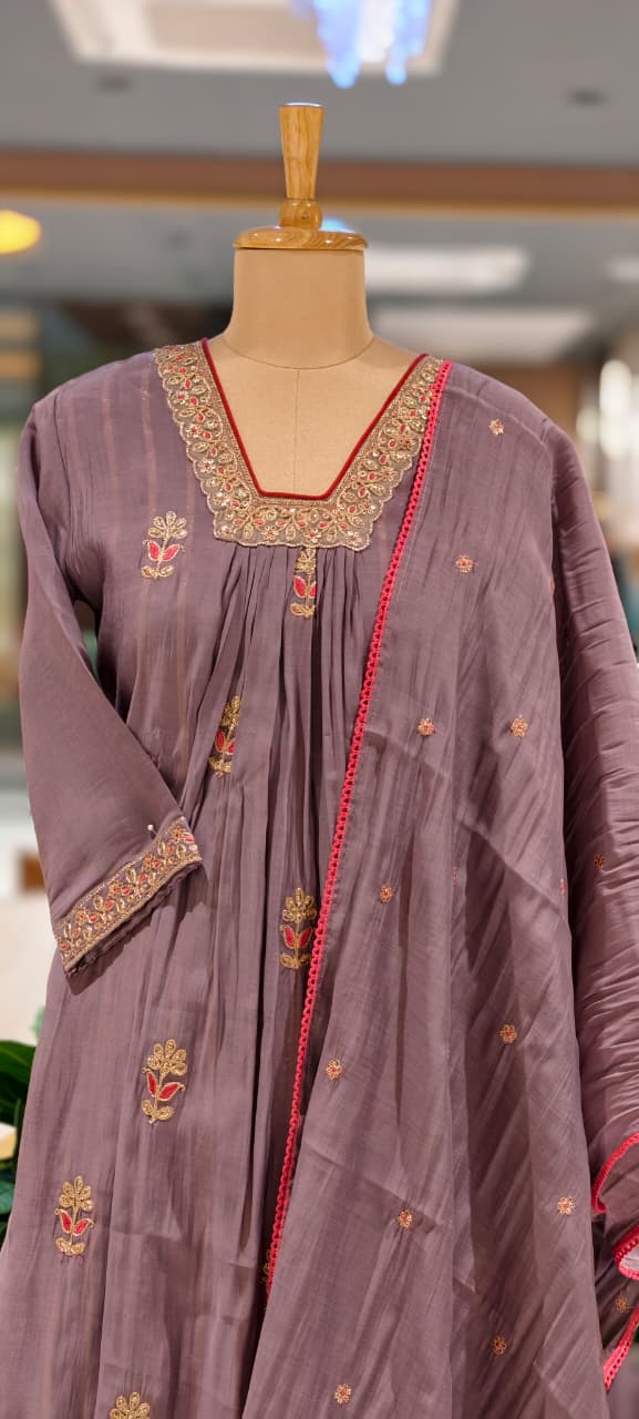 Fine Zari Embroidered Neckline Scattered Floral Pleated A-Line Surat Mul-Chanderi Full Suit Set With Dupatta- 15805