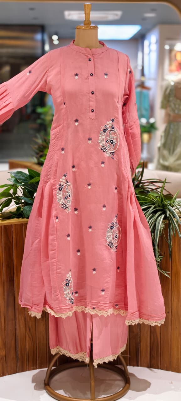 Cute Tiny Floral Motifs Closed Neck A-Line Surat Mul-Chanderi Full Suit Set With Dupatta- 15790