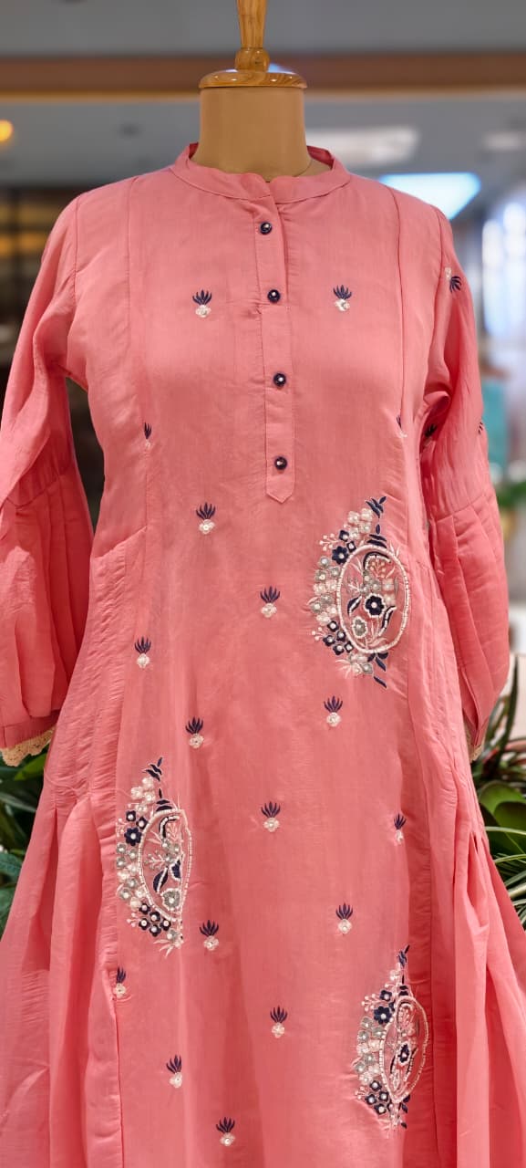 Cute Tiny Floral Motifs Closed Neck A-Line Surat Mul-Chanderi Full Suit Set With Dupatta- 15790