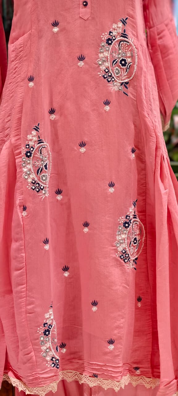Cute Tiny Floral Motifs Closed Neck A-Line Surat Mul-Chanderi Full Suit Set With Dupatta- 15790