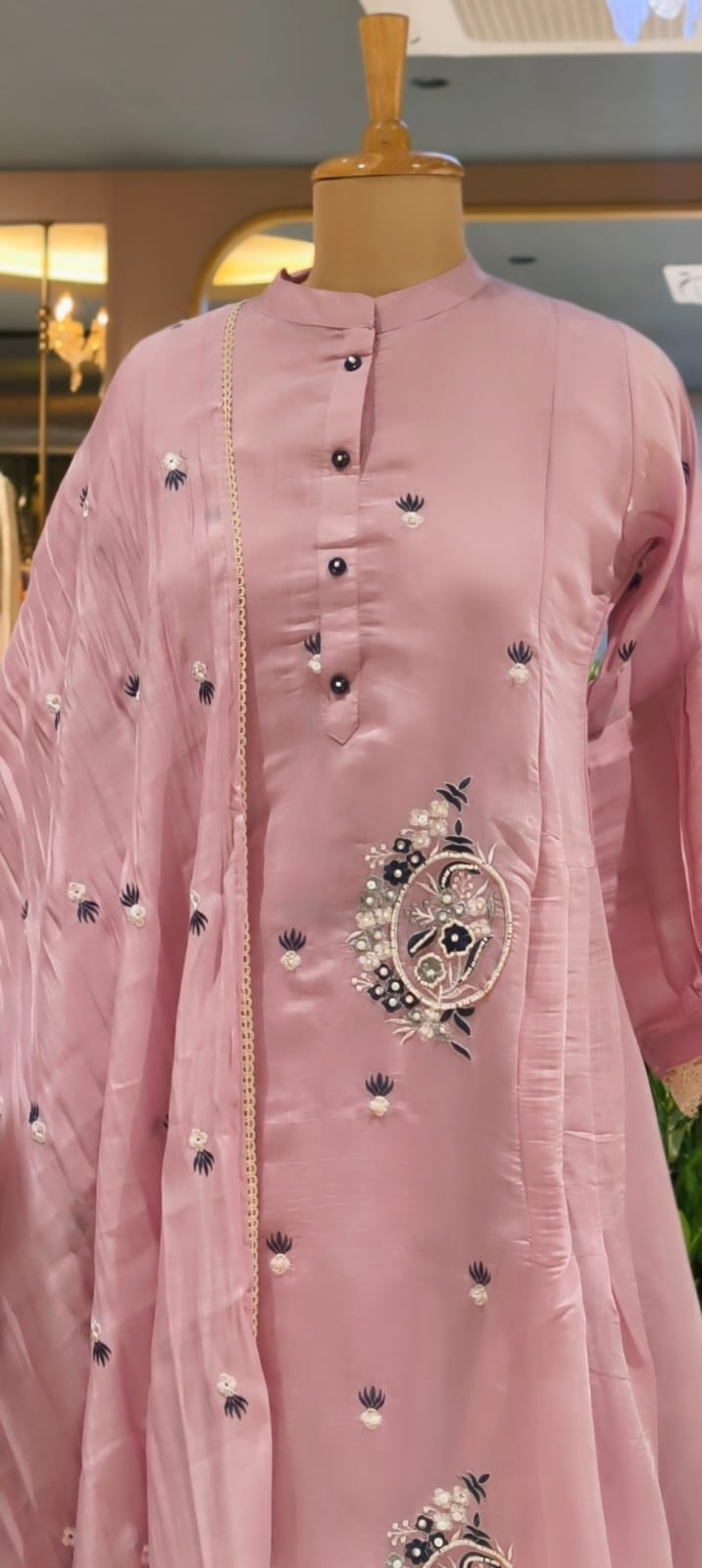 Cute Tiny Floral Motifs Closed Neck A-Line Surat Mul-Chanderi Full Suit Set With Dupatta- 15790