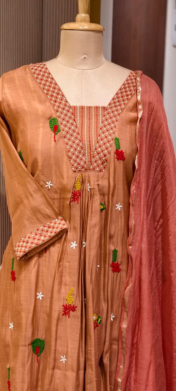 Cute Scattered Motifs With Linear Neckline Surat Mul-Chanderi A-Line Full Suit Set With Dupatta- 15804