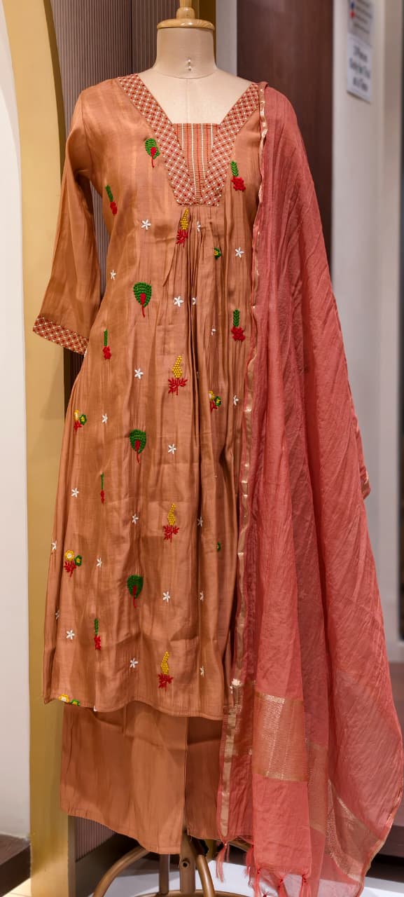 Cute Scattered Motifs With Linear Neckline Surat Mul-Chanderi A-Line Full Suit Set With Dupatta- 15804