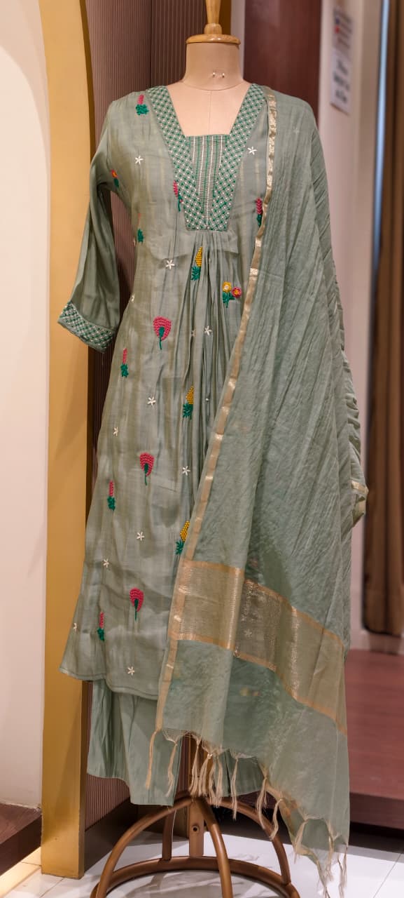 Cute Scattered Motifs With Linear Neckline Surat Mul-Chanderi A-Line Full Suit Set With Dupatta- 15804