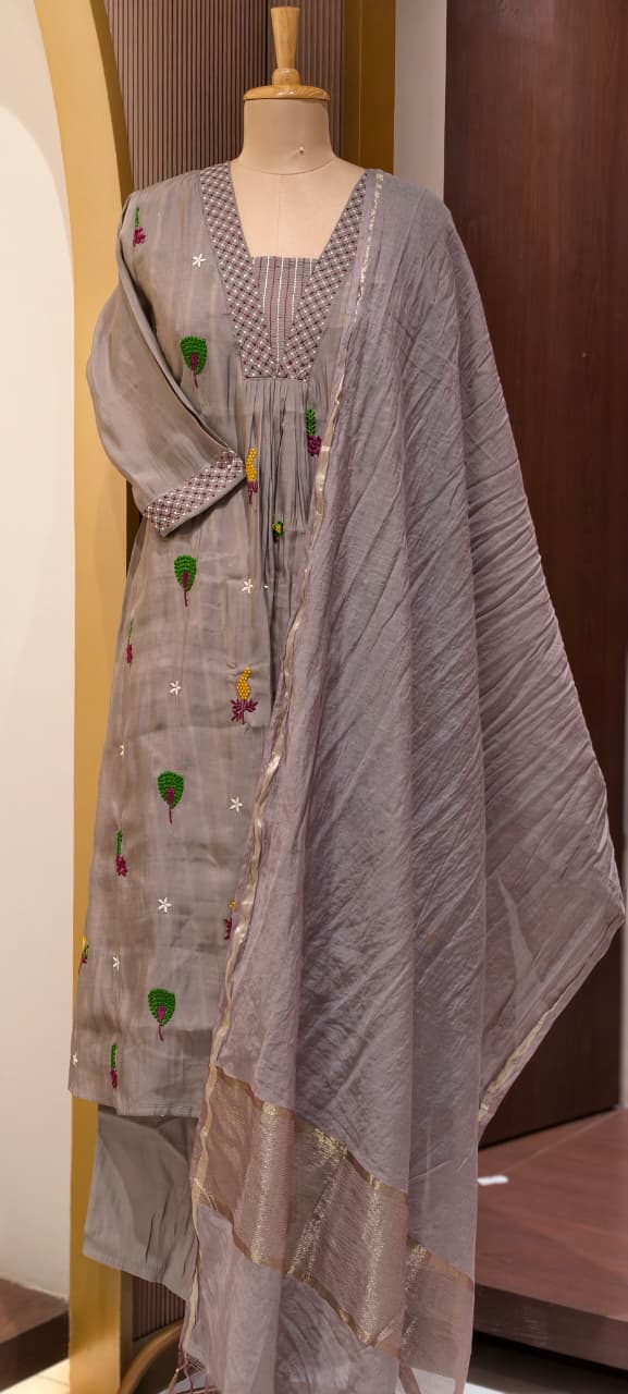 Cute Scattered Motifs With Linear Neckline Surat Mul-Chanderi A-Line Full Suit Set With Dupatta- 15804