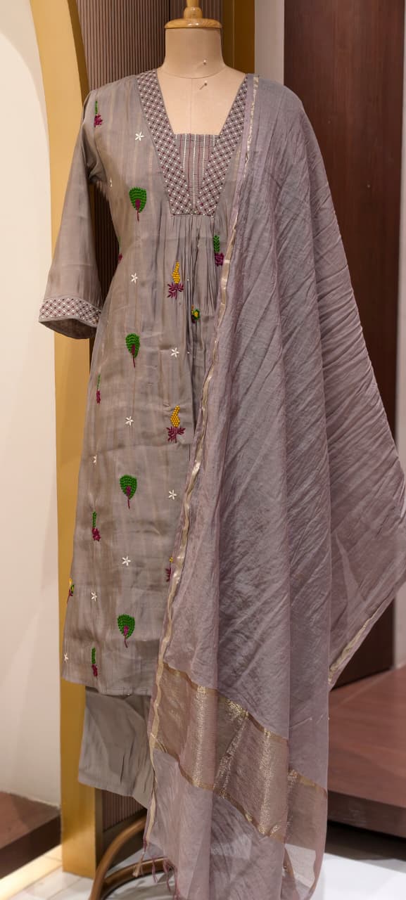 Cute Scattered Motifs With Linear Neckline Surat Mul-Chanderi A-Line Full Suit Set With Dupatta- 15804