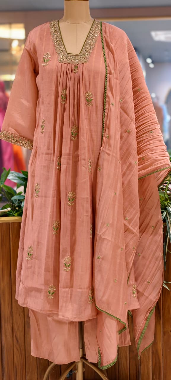 Fine Zari Embroidered Neckline Scattered Floral Pleated A-Line Surat Mul-Chanderi Full Suit Set With Dupatta- 15805