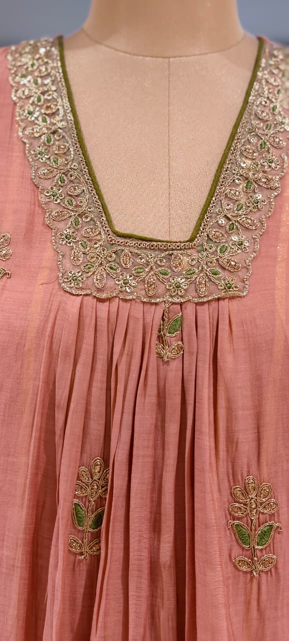 Fine Zari Embroidered Neckline Scattered Floral Pleated A-Line Surat Mul-Chanderi Full Suit Set With Dupatta- 15805