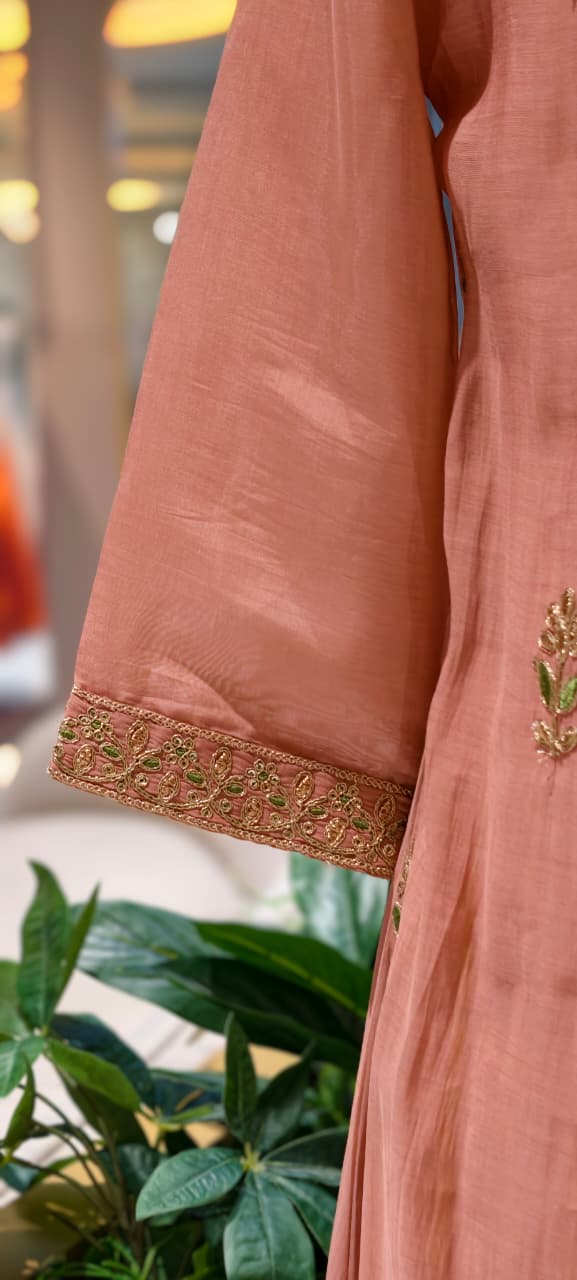 Fine Zari Embroidered Neckline Scattered Floral Pleated A-Line Surat Mul-Chanderi Full Suit Set With Dupatta- 15805
