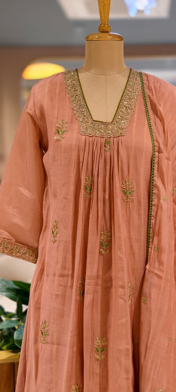 Fine Zari Embroidered Neckline Scattered Floral Pleated A-Line Surat Mul-Chanderi Full Suit Set With Dupatta- 15805