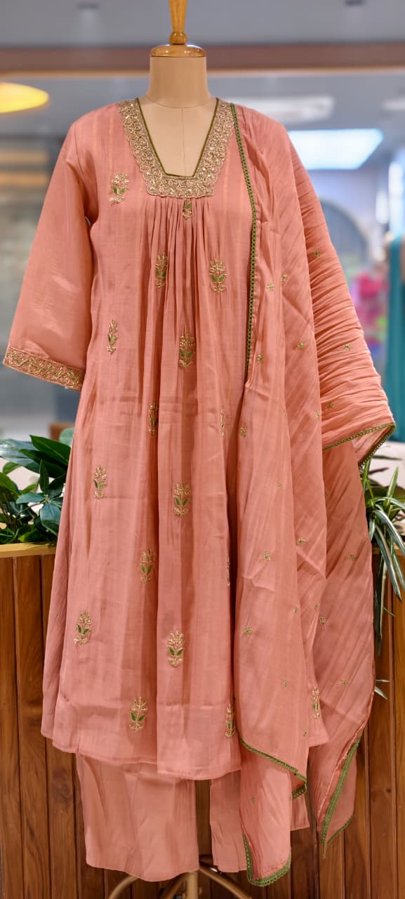 Fine Zari Embroidered Neckline Scattered Floral Pleated A-Line Surat Mul-Chanderi Full Suit Set With Dupatta- 15805