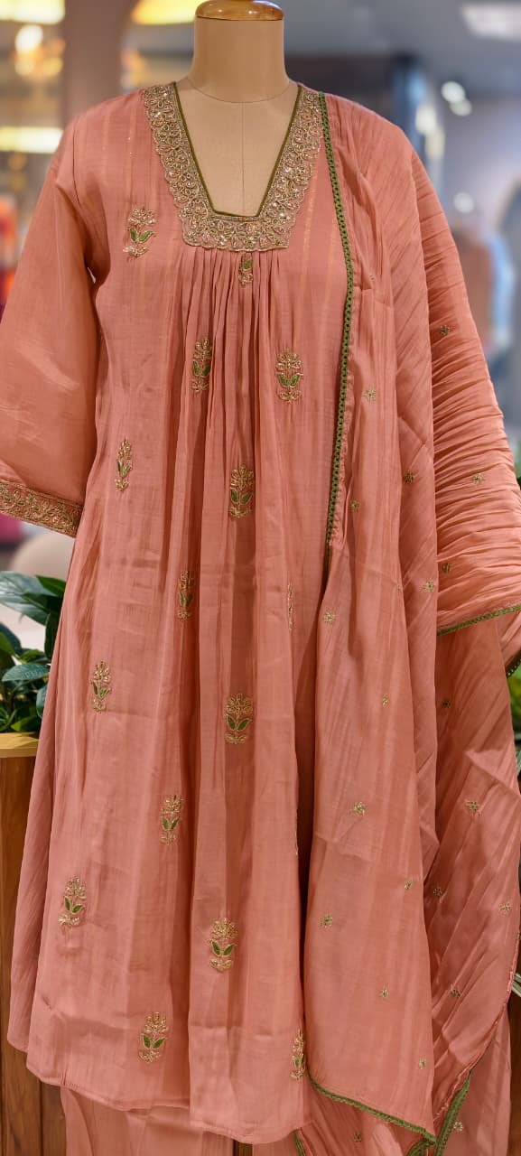 Fine Zari Embroidered Neckline Scattered Floral Pleated A-Line Surat Mul-Chanderi Full Suit Set With Dupatta- 15805