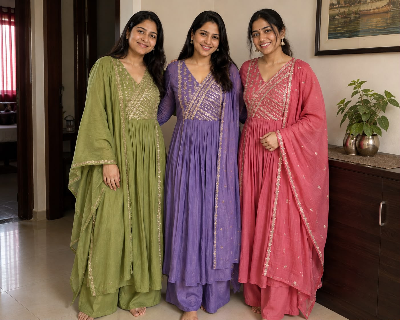 Intricate Zardosi Angrakha Look Yoke A-Line Surat Mul-Chanderi Full Suit Set With Dupatta- 15723