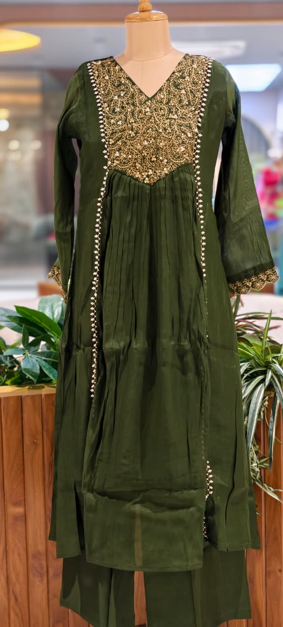 Grand Zardosi Yoke With Pearl Highlights Surat Mul-Chanderi A-Line Full Suit Set With Dupatta- 15828