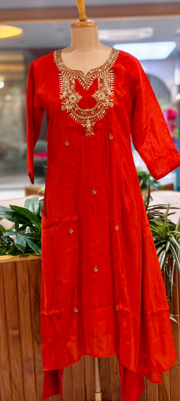 Cut-Dana With Sequin Embroidered Yoke A-Line Surat Mul-Chanderi Full Suit Set With Dupatta- 15829