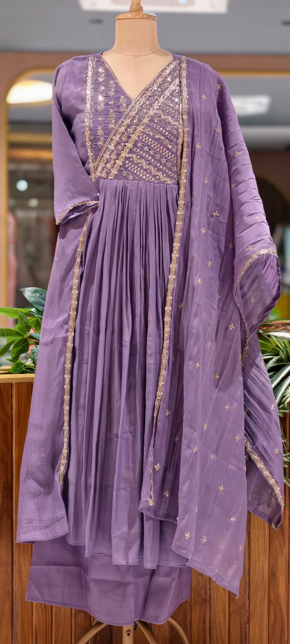 Intricate Zardosi Angrakha Look Yoke A-Line Surat Mul-Chanderi Full Suit Set With Dupatta- 15723