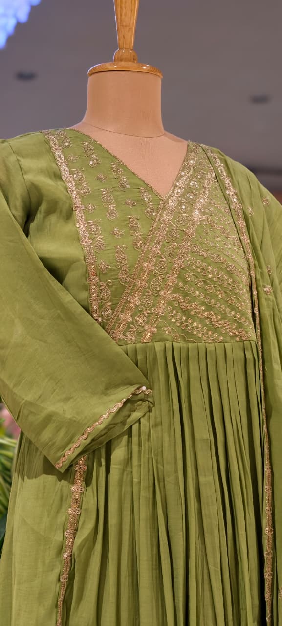 Intricate Zardosi Angrakha Look Yoke A-Line Surat Mul-Chanderi Full Suit Set With Dupatta- 15723