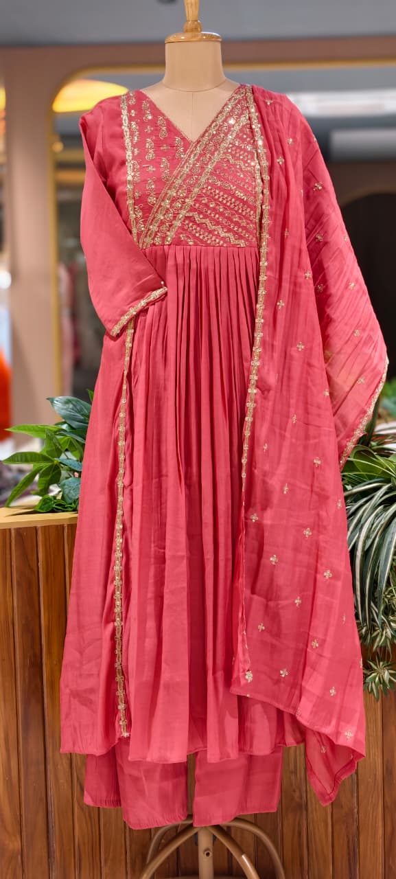 Intricate Zardosi Angrakha Look Yoke A-Line Surat Mul-Chanderi Full Suit Set With Dupatta- 15723