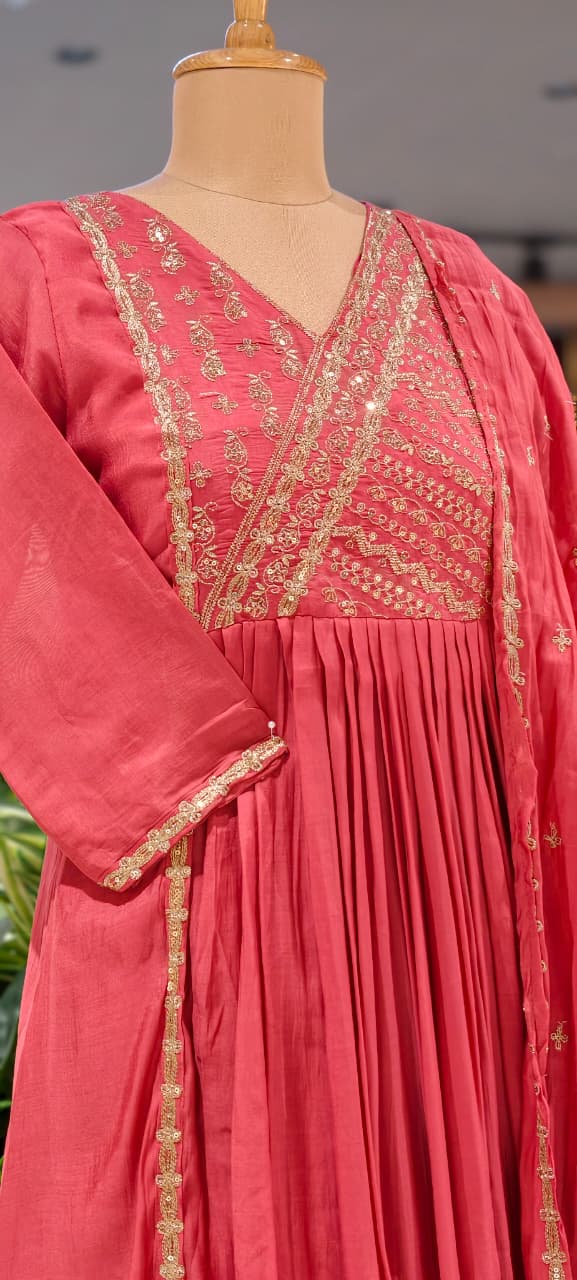 Intricate Zardosi Angrakha Look Yoke A-Line Surat Mul-Chanderi Full Suit Set With Dupatta- 15723
