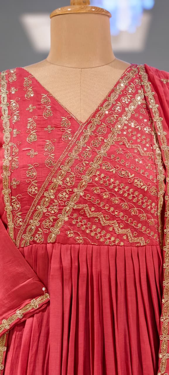 Intricate Zardosi Angrakha Look Yoke A-Line Surat Mul-Chanderi Full Suit Set With Dupatta- 15723