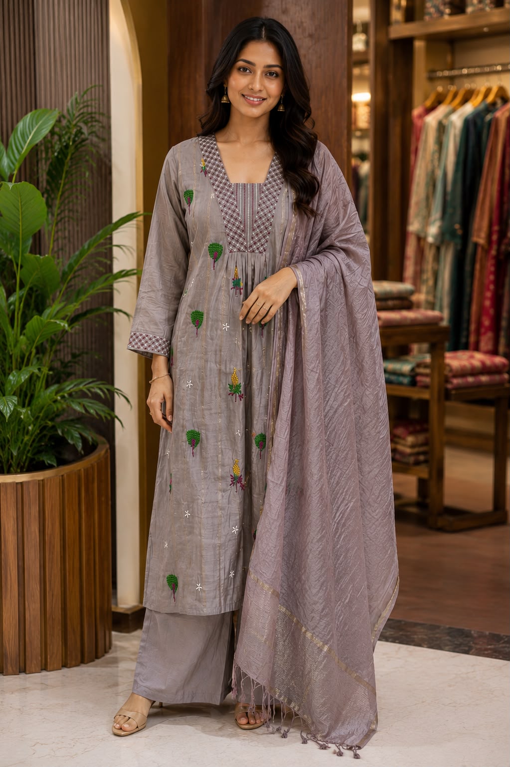 Cute Scattered Motifs With Linear Neckline Surat Mul-Chanderi A-Line Full Suit Set With Dupatta- 15804