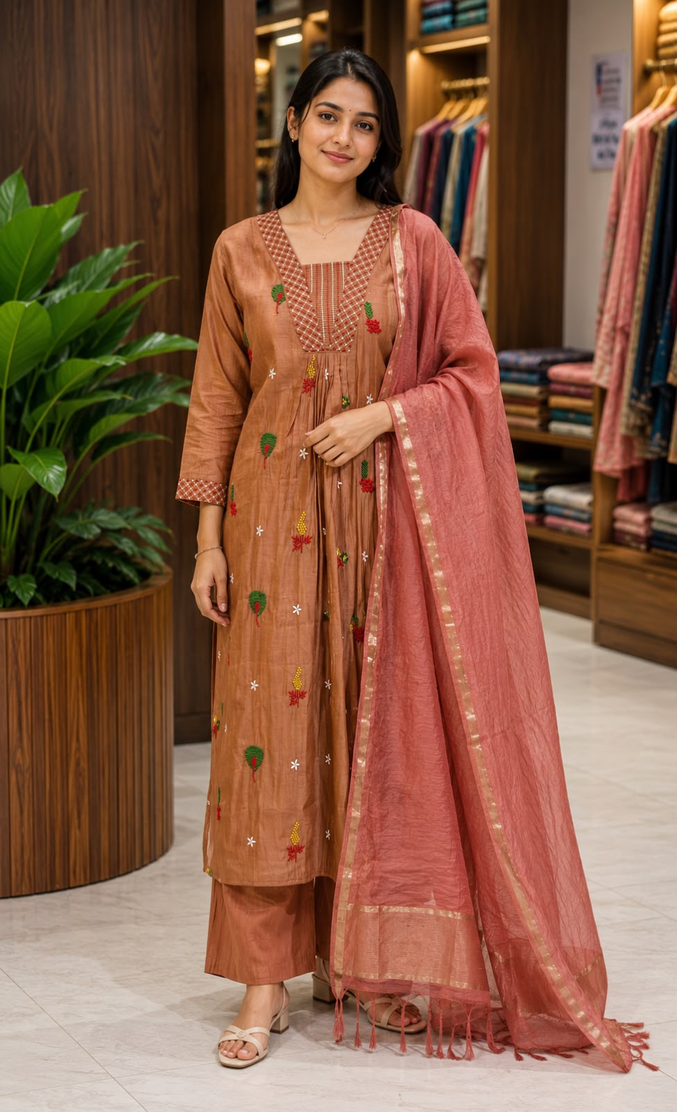 Cute Scattered Motifs With Linear Neckline Surat Mul-Chanderi A-Line Full Suit Set With Dupatta- 15804