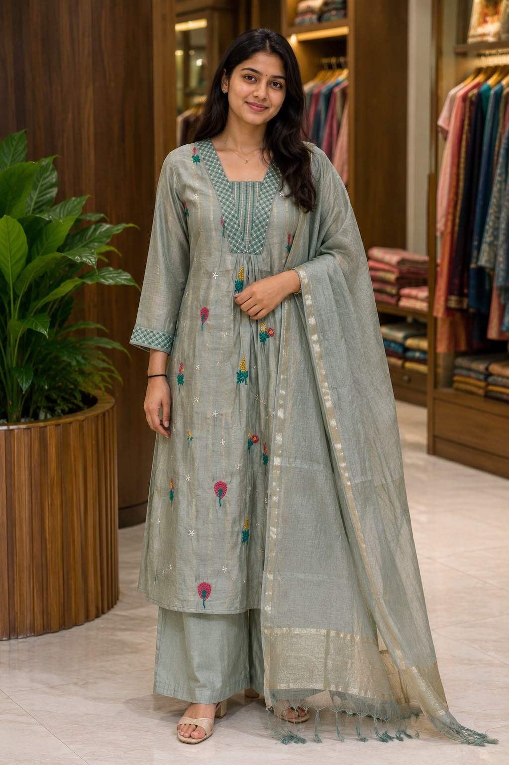 Cute Scattered Motifs With Linear Neckline Surat Mul-Chanderi A-Line Full Suit Set With Dupatta- 15804