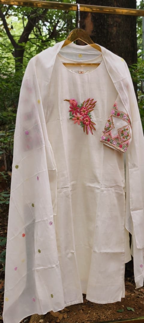 Ivory Floral Embroidery Over Sleeve & Figured Yoke Kora Cotton Full Suit Set With Dupatta- 15848