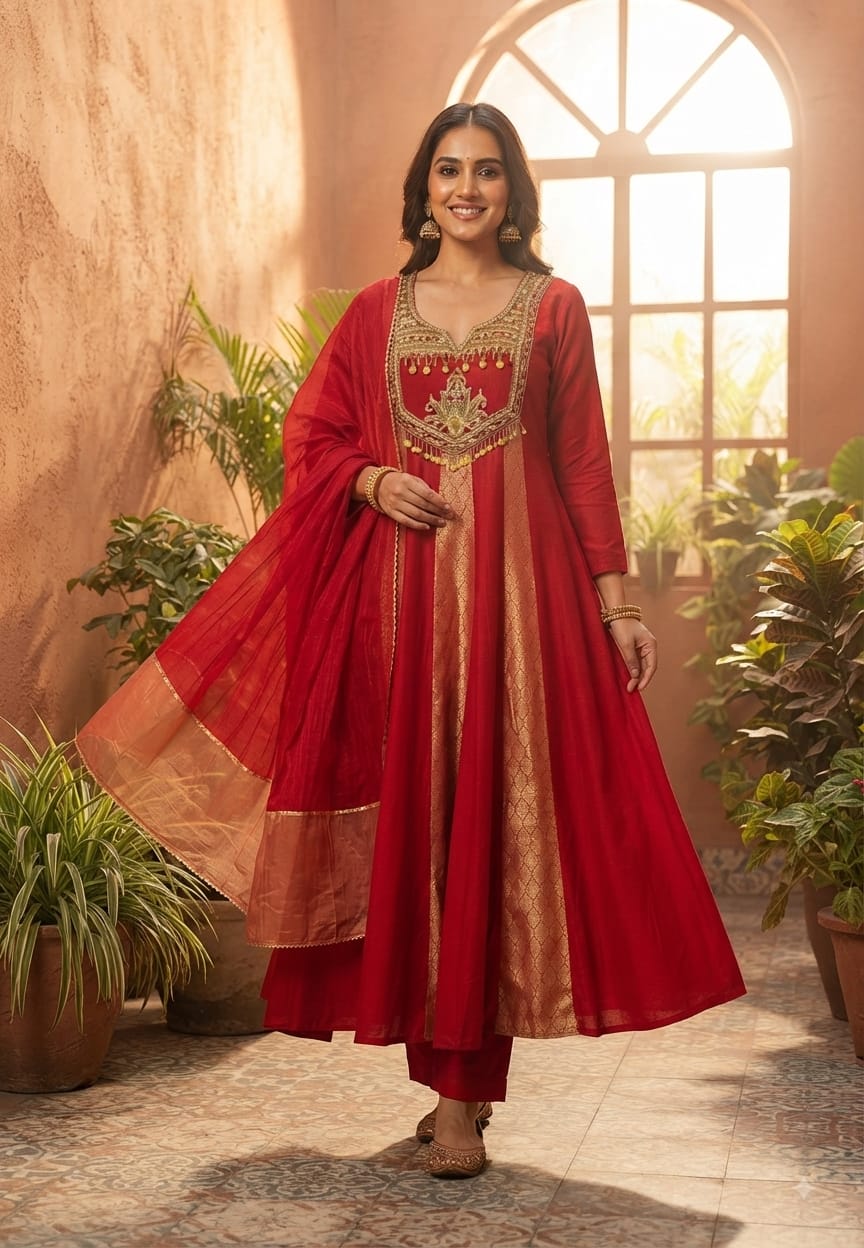 Scarlet Grand Regal Gold Embroidered Festive Ensemble Brocade Panels Russian Silk Anarkali Full Suit Set With Dupatta- 15811