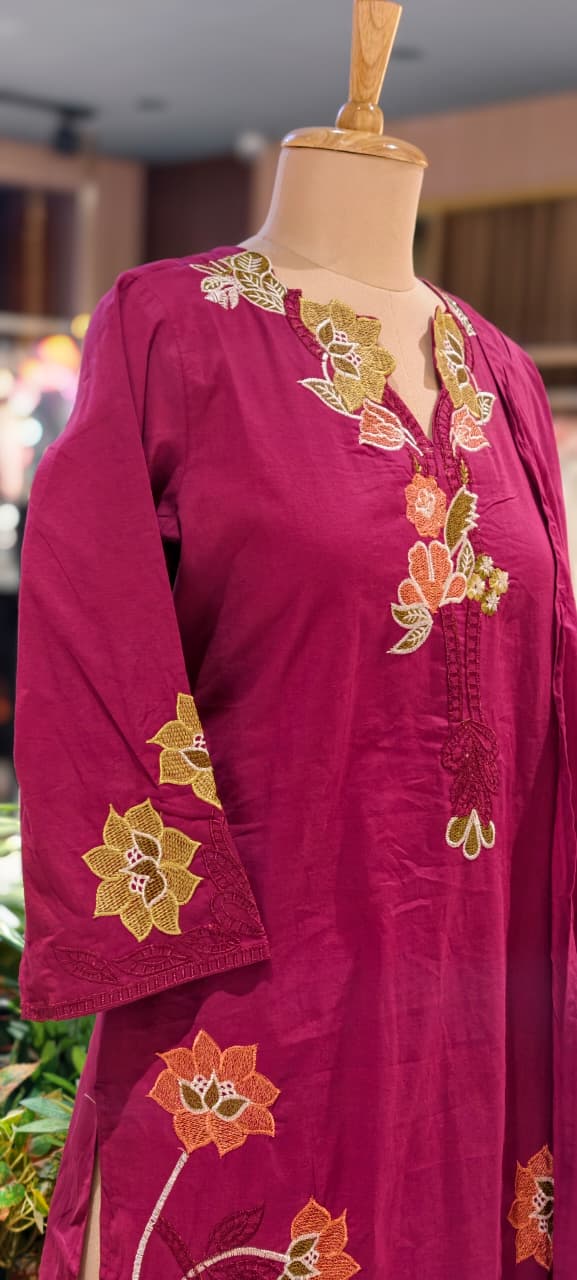 Fine Intricate Floral Embroidery Cut-Work Solid Shade Cotton Full Suit Set With Dupatta- 15862