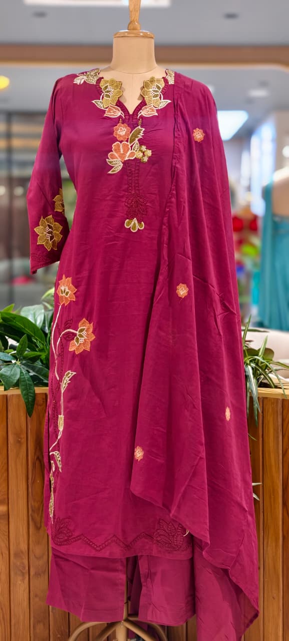 Fine Intricate Floral Embroidery Cut-Work Solid Shade Cotton Full Suit Set With Dupatta- 15862