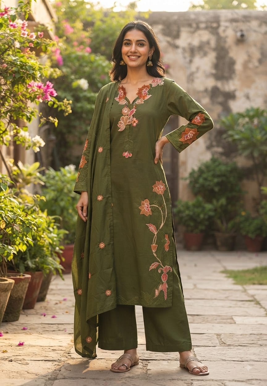 Fine Intricate Floral Embroidery Cut-Work Solid Shade Cotton Full Suit Set With Dupatta- 15862