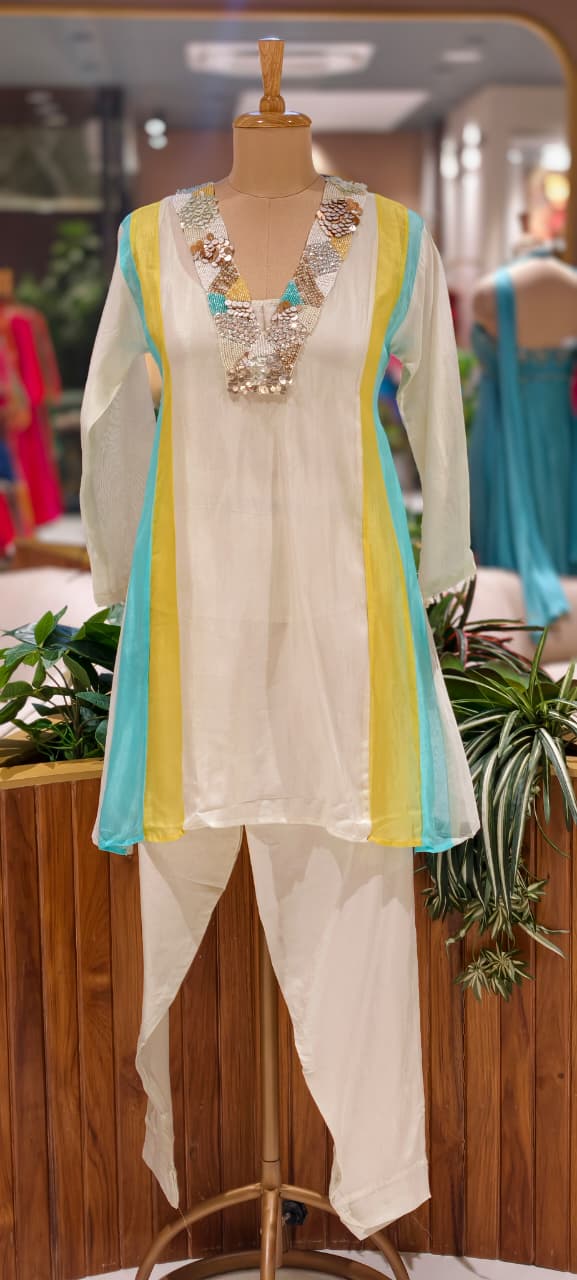 Handcrafted Neck Embroidery Royal Pastel Multicolor Panelled Kurta Pant With Inner- 15850