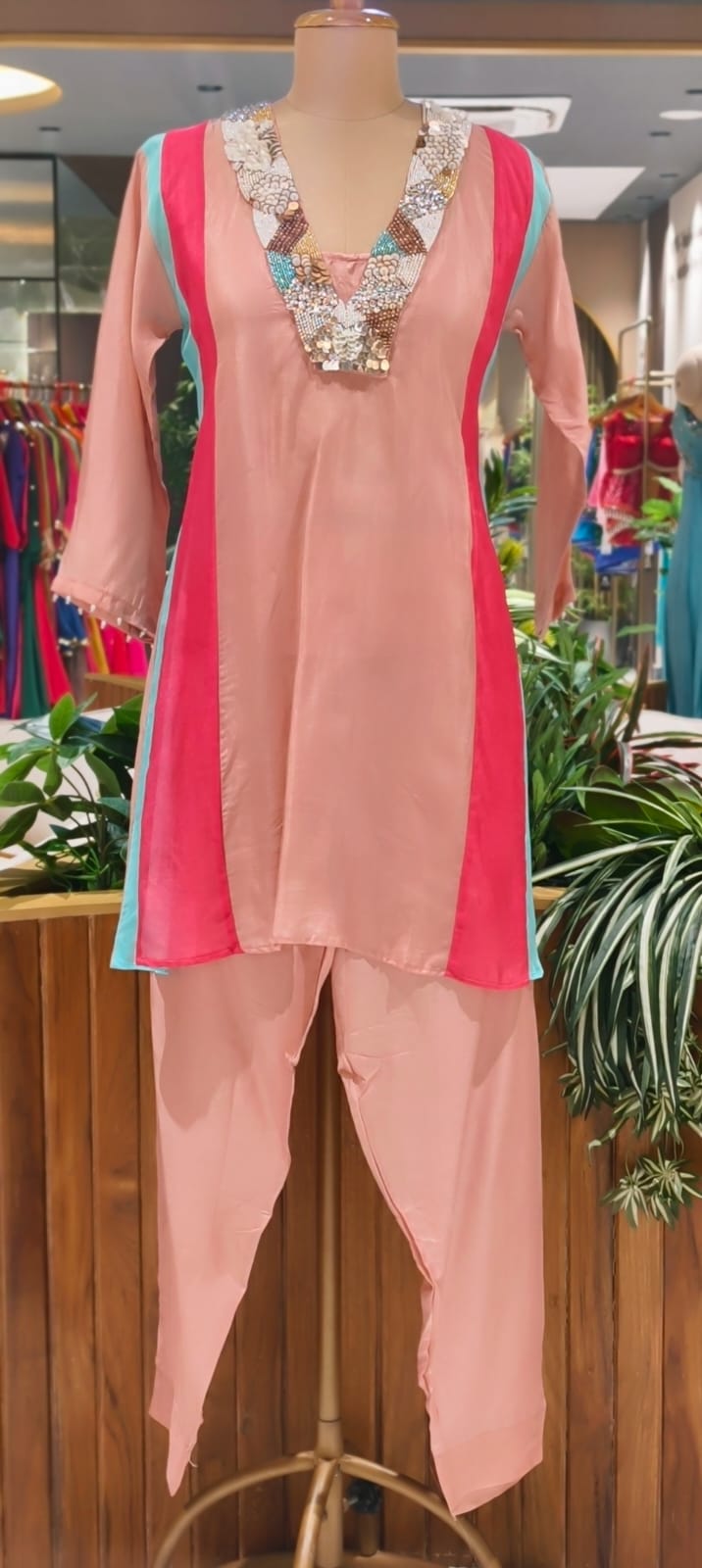Handcrafted Neck Embroidery Royal Pastel Multicolor Panelled Kurta Pant With Inner- 15850