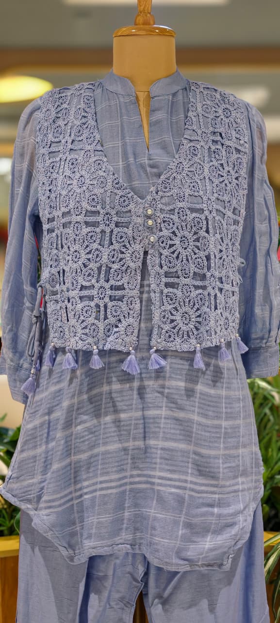 Fresh Lime & Sky Blue Crochet Embroidered Overlay Tassel Accent Mul-Cotton Co-Ord Set- 15841