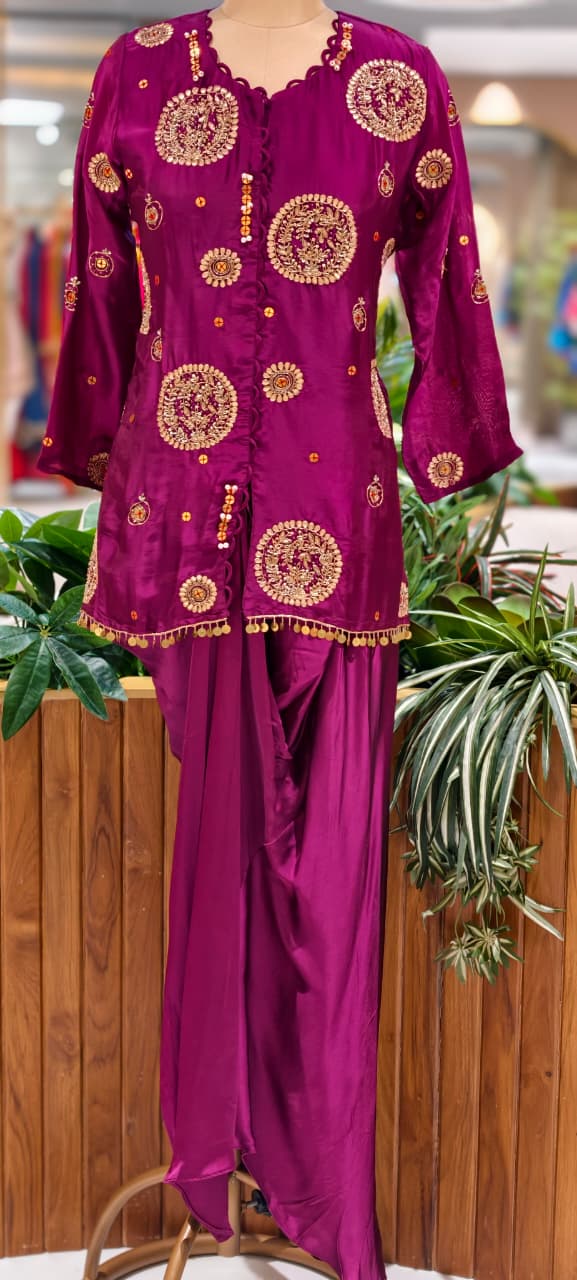 Heavy Handwork Premium Gotta With Sequin & Pearl Elegance Modal Satin Festive Co-Ord Set With Drape Skirt Bottom- 15854