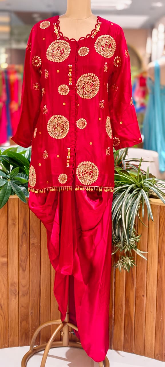 Heavy Handwork Premium Gotta With Sequin & Pearl Elegance Modal Satin Festive Co-Ord Set With Drape Skirt Bottom- 15854