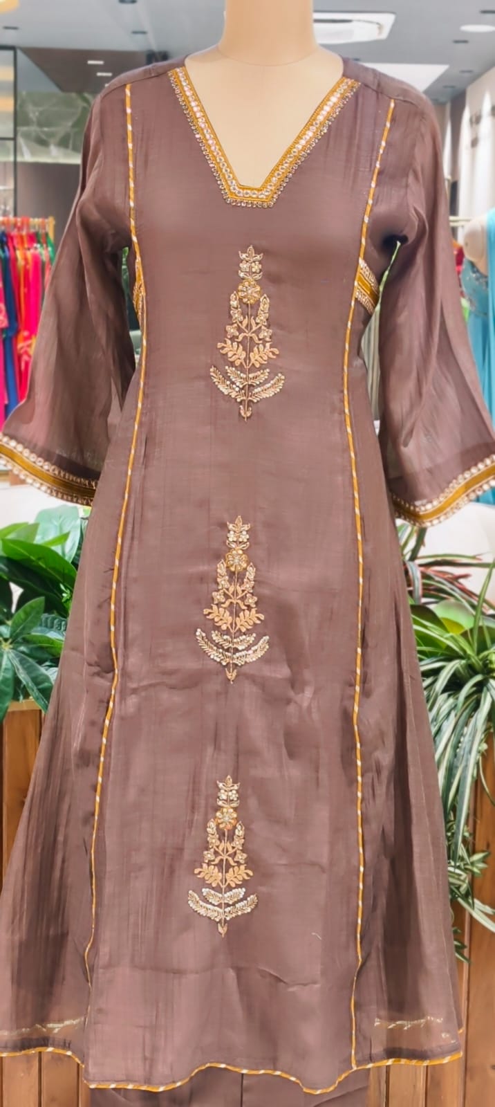 Beautiful Kundan Look Front Embroidery Highlighted A-Line Mul-Chanderi Full Suit Set With Dupatta- 15851