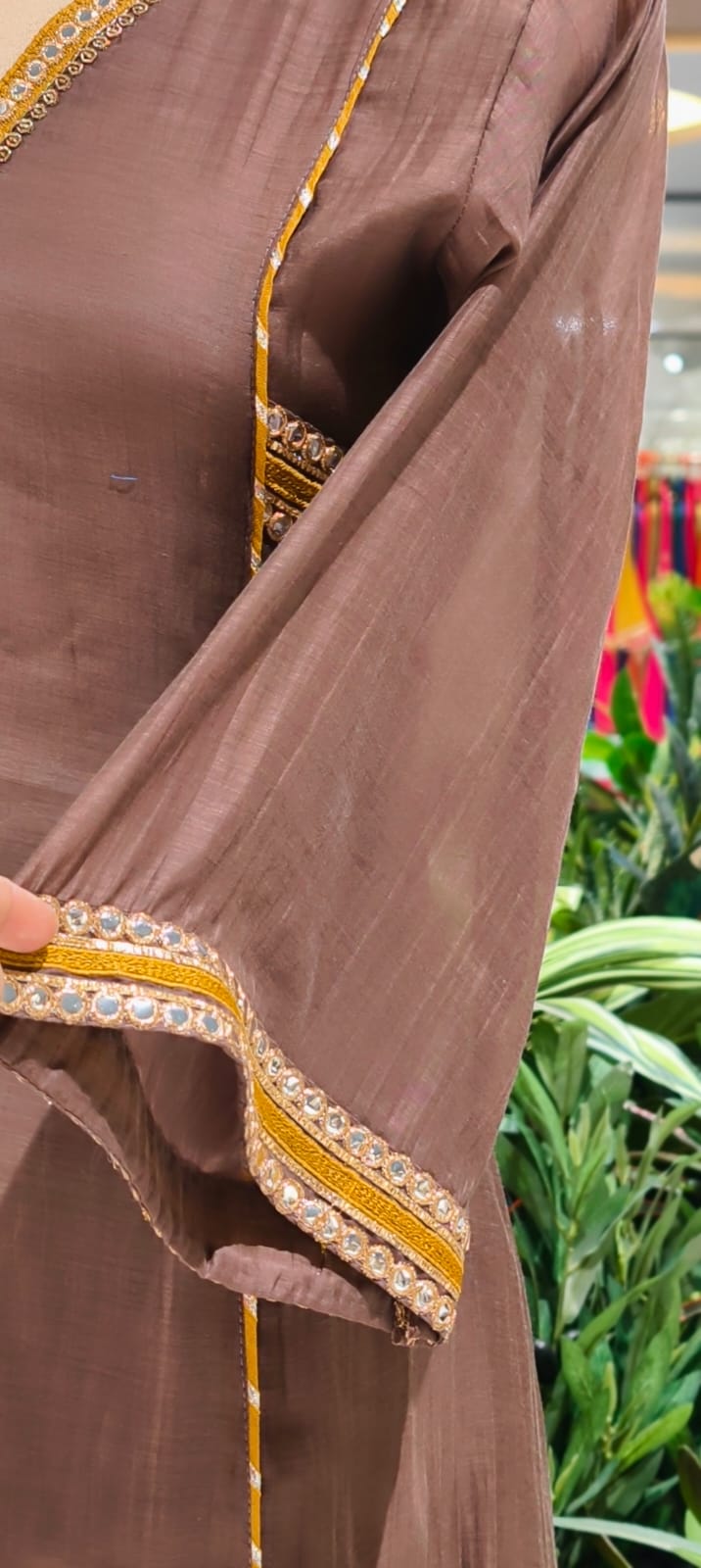 Beautiful Kundan Look Front Embroidery Highlighted A-Line Mul-Chanderi Full Suit Set With Dupatta- 15851