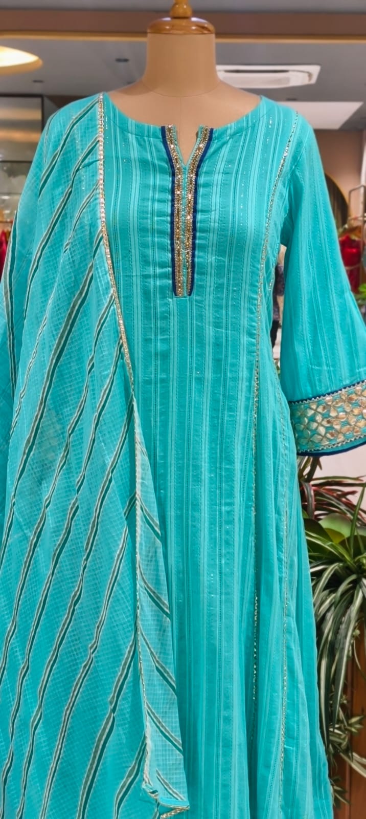 Golden Trimmed Lace Panels A-Line Leheriya Full Suit Set With All Over Work Dupatta In Lurex Fabric- 15838