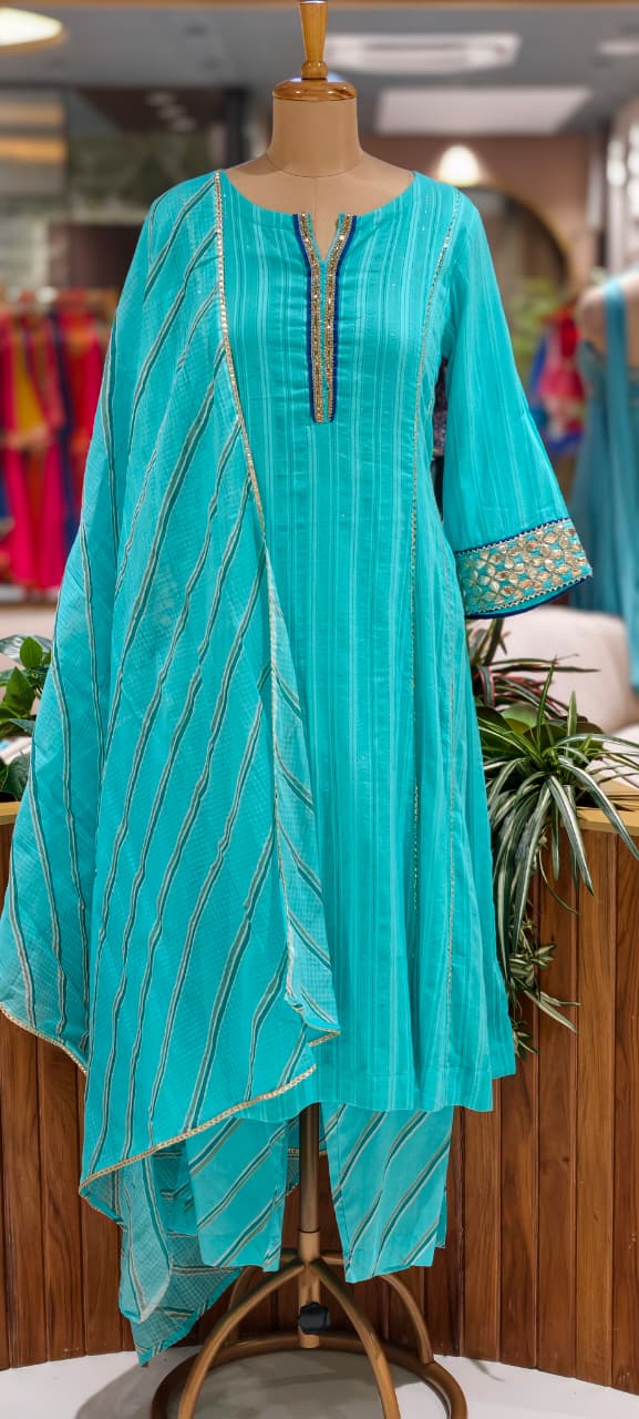Golden Trimmed Lace Panels A-Line Leheriya Full Suit Set With All Over Work Dupatta In Lurex Fabric- 15838