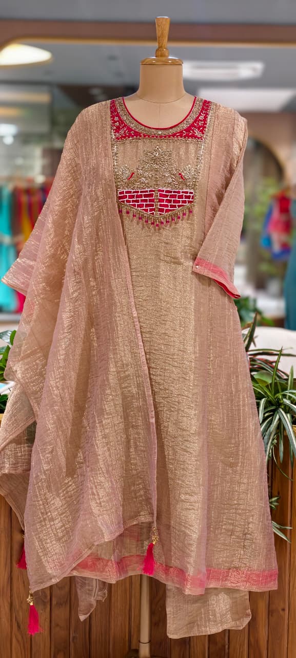 Graceful Pastel Ethnic Kurta with Statement Embroidered Neckline Salsa A-Line Full Suit Set With Dupatta- 15765